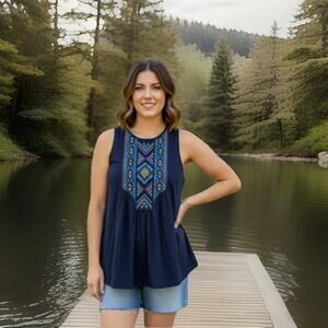 Wrangler Retro Black Multicolor Embroidered Aztec‎ Design Top Sz M EUC